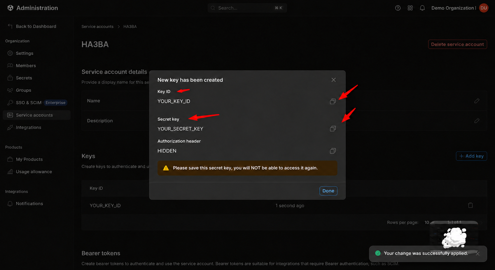 Безпечний приклад Key ID і Secret key із заміненими значеннями