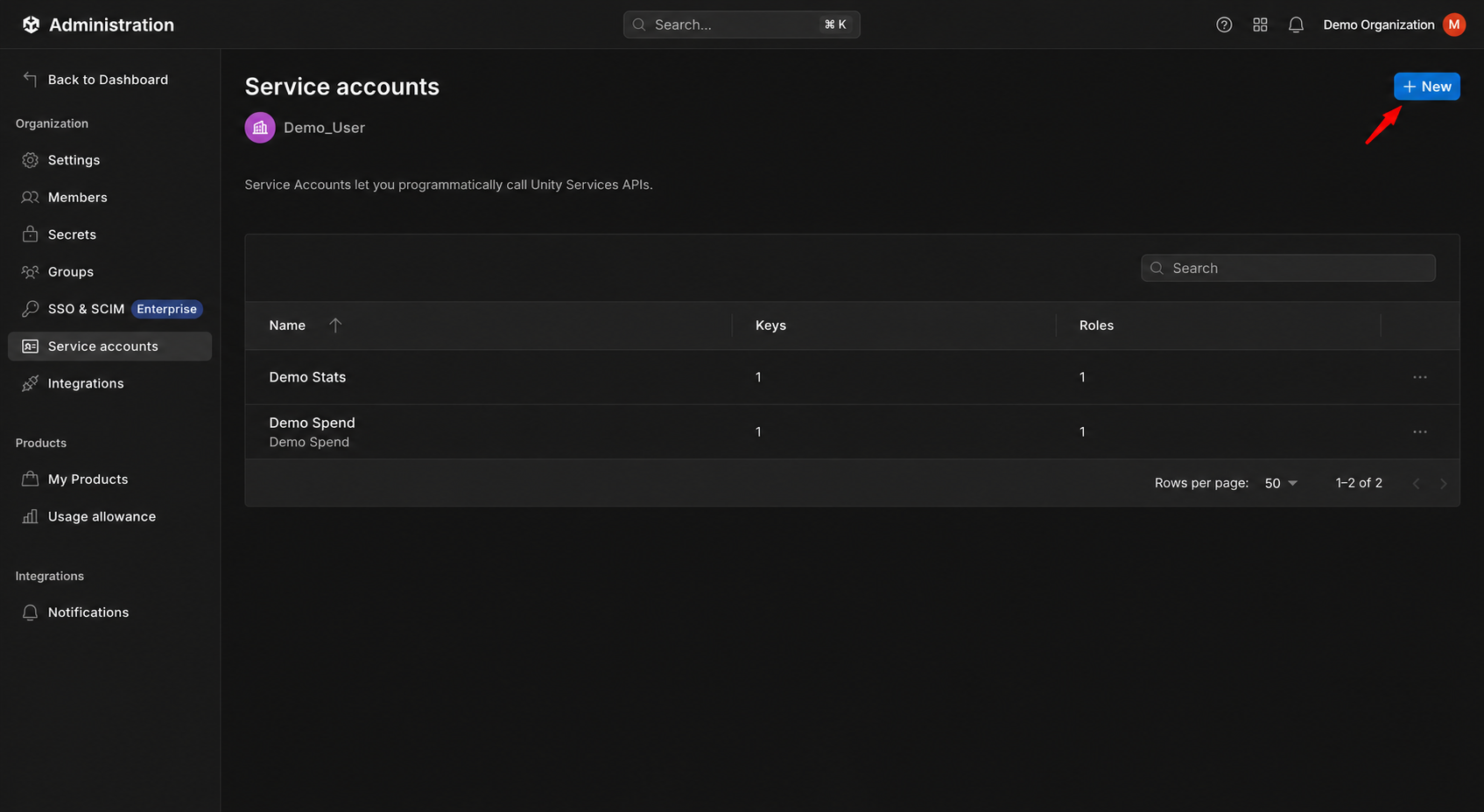 Кнопка New у списку Service accounts