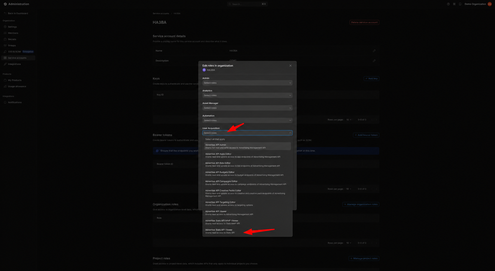 Обрана роль Advertise Stats API Viewer